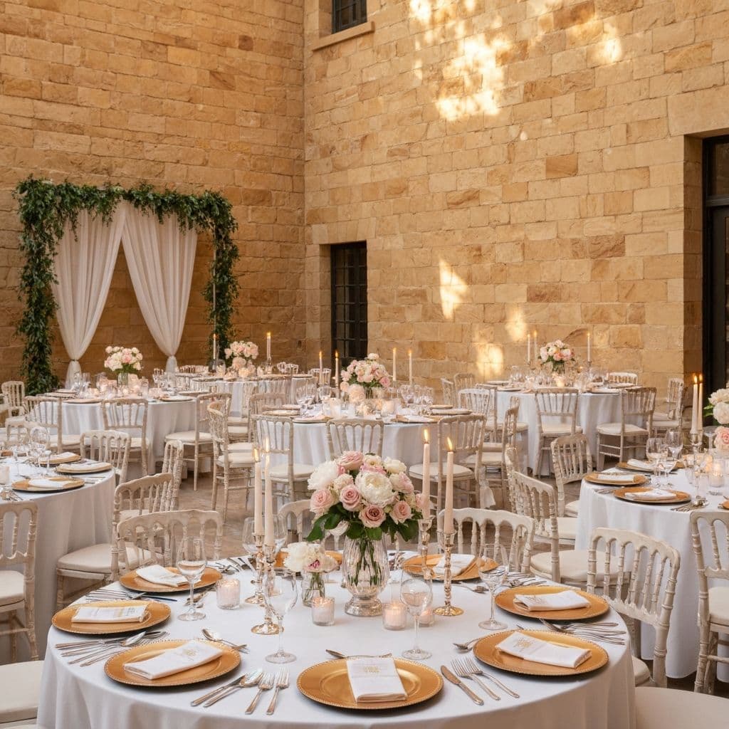 Elegant christening venue setup with round tables and floral centerpieces in Cyprus