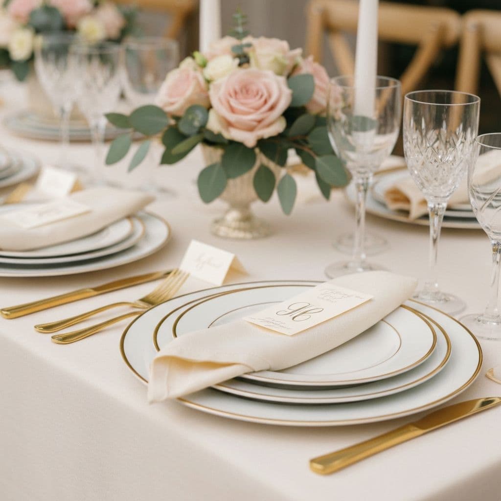 Detailed christening tablescape with fine china and monogrammed napkins