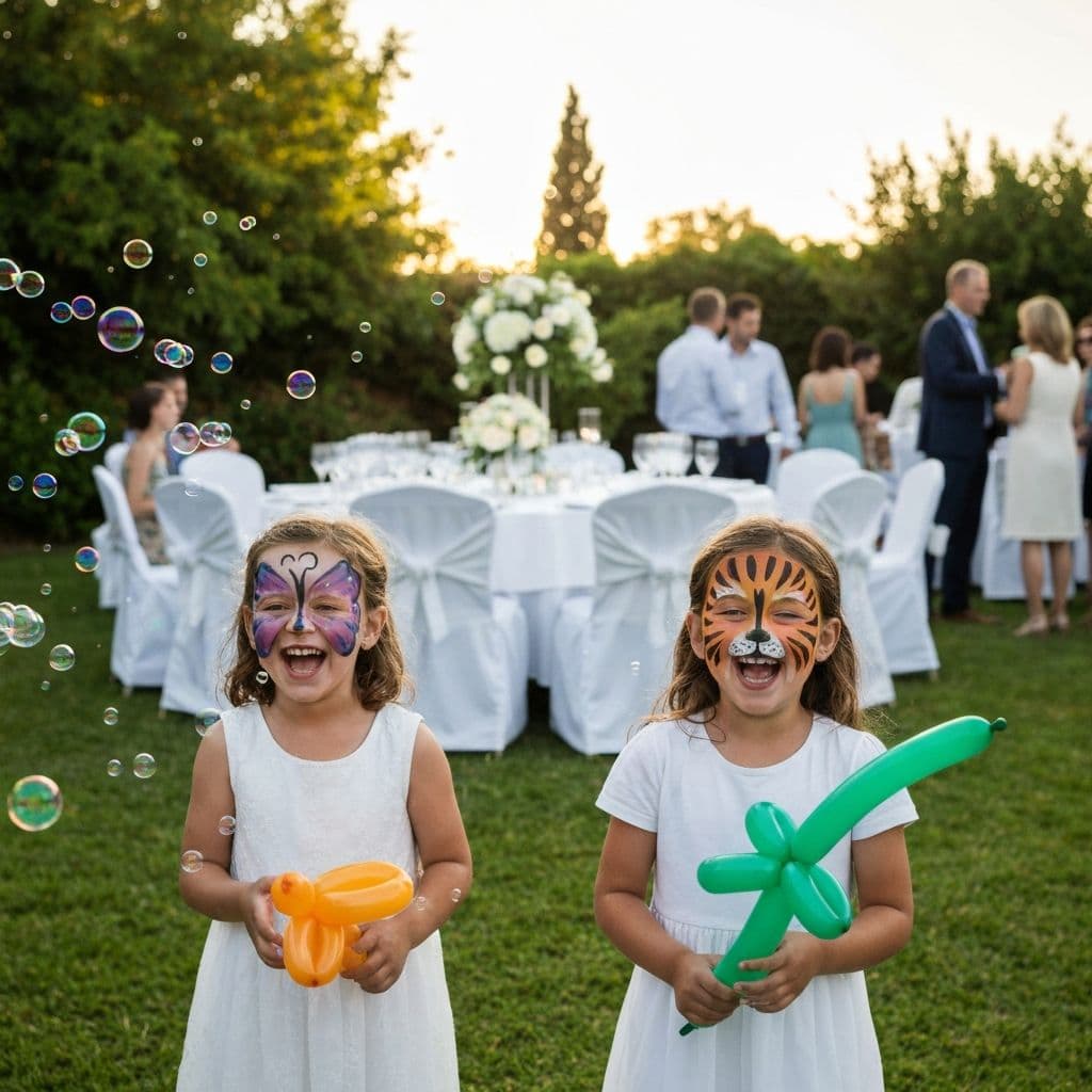 Children playing at elegant christening garden party