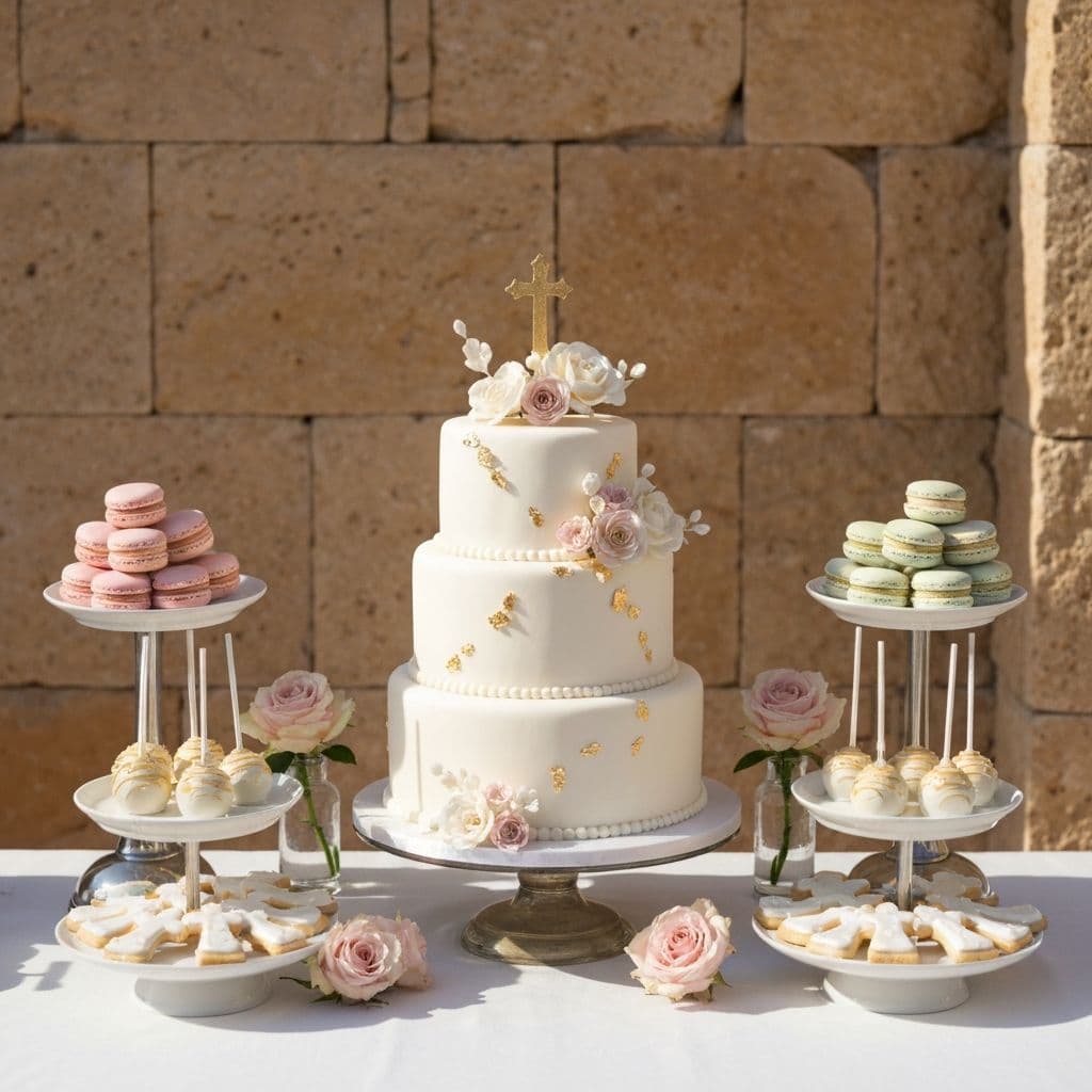 Ornate christening cake on beautifully styled dessert table